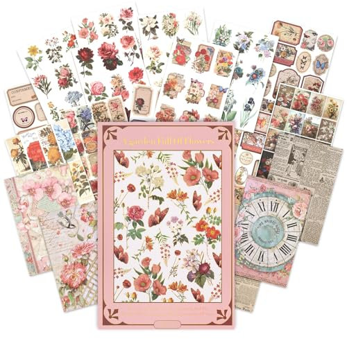 20 Blatt/ 176 Stück Scrapbooking Aufkleber Buch, Washi Blumensticker Retro für Karte Fotoalbum Umschläge Basteln, Vorgestanzte Flower Sticker Bullet Journal Zubehör