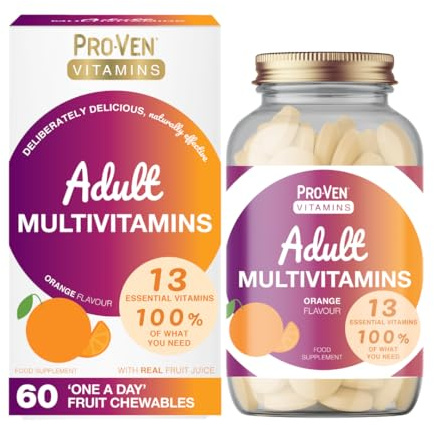 Pro-Ven Multivitamin Chewable Tablets for Men & Women - 60 Orange Flavoured A-Z Multivitamins - 100% NRV - 13 Essential Vitamins inc D, C, A + B for Energy, Immune & Bone Health Daily