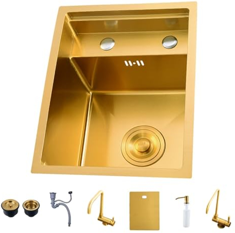 Lavello da cucina a scomparsa, lavello singolo in acciaio inox 304 con rubinetto pieghevole multifunzione a doppio foro, mini lavello da banco, sottopiano, oro