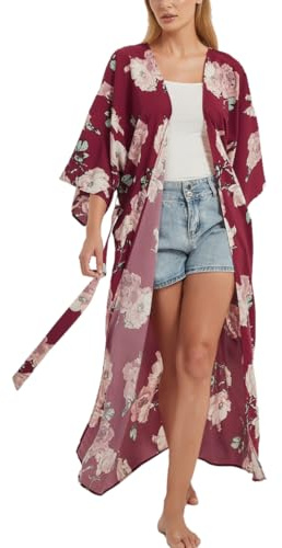 Kimono de plage élégant pour femme avec imprimé tie-dye, Roses bordeaux, Taille unique