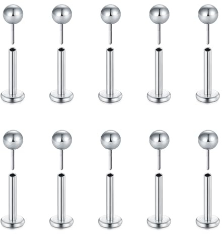 Briana Williams 10 pezzi 1,2 mm in acciaio inossidabile 316L Labret Piercing per labbro, trago, elice, cartilagine, barra a bilanciere, 6-8 mm lunghezza della barra, 8 mm, Acciaio inossidabile
