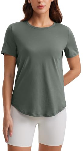 CRZ YOGA Pima bomulls-t-shirts med rund hals för kvinnor - Träning Casual Yoga Atletiska kortärmade t-shirts Mjuka rund hals höfttoppar Grå salvia XL