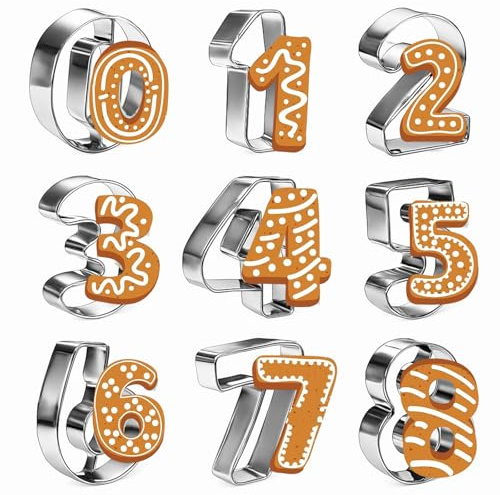 Tweruna Kuchenform Zahlen 9 Stück, Number Cake Backform 0-8 Mittel Edelstahl, Backform-Zahlen für Kekse, Kuchendekoration