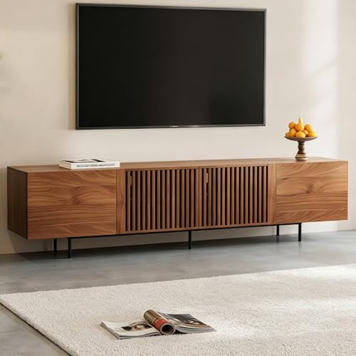 Large TV Stand 240cm Wide, Modern Walnut Media Unit with Slatted Doors & Cable Management, Entertainment Centre for up to 75 inch TVs