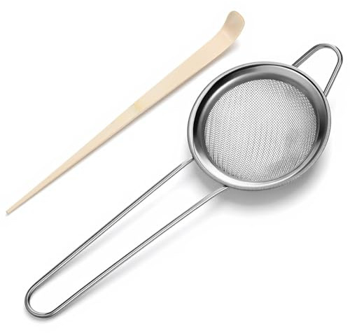Setaccio per matcha da 7,6 cm, setaccio piccolo per colino Matchaa, colino a rete fine, in acciaio inox, cucchiaio in bambù per misurare il tè