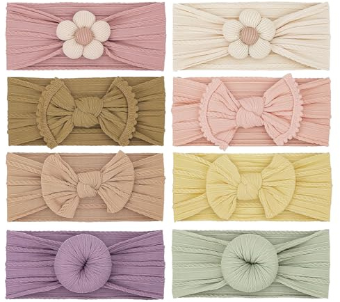 Floruvia 8 pezzi Fasce per capelli bambina con fiocchi, morbide fasce elastiche per neonate, fascia per neonato, bambina, bambini (multicolore)