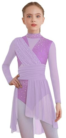 Oyolan Robe Danse Classiuqe Fille Enfant Tenue Patinage Artistique Strass Manches Longues Justaucorps Robe Danse Contemporaine Lyrique