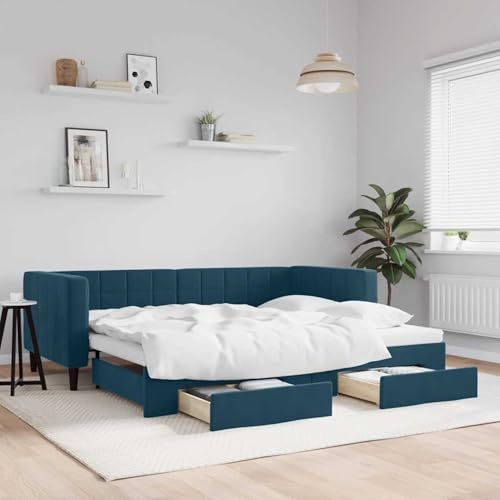 Fecpoo WGYHOME Dagsäng, utdragbar blå, 90 x 200 cm med 2 lådor – sammetsöverdrag, utdragbar till dubbelsäng, för sovrum och gästrum, 100 % polyester