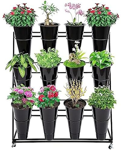 Generico Espositore for Fiori Ferro Battuto, Robusto Mobile, con Ripiani Bouquet Carrello Portafiori Esterno Dotato Secchi Plastica Ruote, for Casa Patio Giardino Matrimoni Feste(Nero,3pcs,4tires)