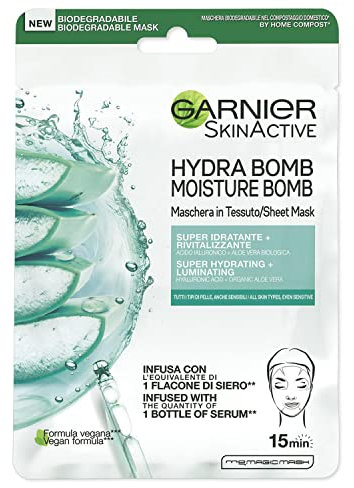 Garnier Maschera in Tessuto Skin Active Hydra Bomb, Formula Super Idratante e Rivitalizzante, Per Tutti i Tipi di Pelle, Con Acido Ialuronico e Aloe Vera Biologica, 28 gr