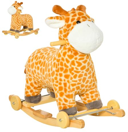HOMCOM Jouet à Bascule Girafe et Porteur sur roulettes 2 en 1 Fonction sonore mugissement Bois peuplier Peluche Courte Polyester tacheté, pour 36-72 mois, inclus manuel