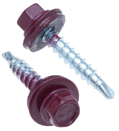 4.8 mm x 35 mm Roofing Screws, Hex Head Self-drilling Color (RAL 3005 Wine Red) Roof Screws With EPDM Sealed Washer, Rust Proof Zinc Plated Hardened Coarse Threads Screw for Outdoor Use (50 pcs)
