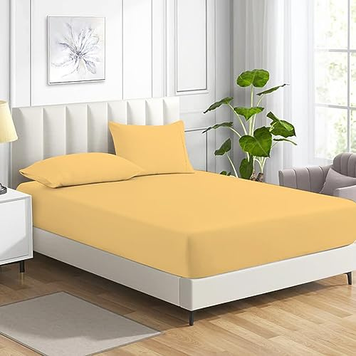 MistyMorning Fitted Sheet, Soft & Premium quality Bedding & Linen, 11''/28cm deep sheet, Egyptian Cotton with 200 Thread Count. (Ochre/Yellow, Double)