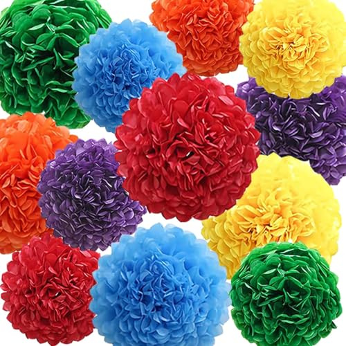 12Pcs Colourful Hanging Tissue Paper Pom Poms,Ceiling Rainbow Pompoms Flowers for Mexican Engagement Fiesta Cinco De Mayo Party Decorations