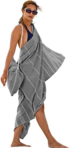 CalmyBEACH 2in1 Hamamtuch Rucksack Strandtuch Badetuch - 100% Baumwolle Hamam Strand Tuch 180x90 Baumwolltuch für Damen und Herren Yogatuch Reisehandtuch (Anthrazit)
