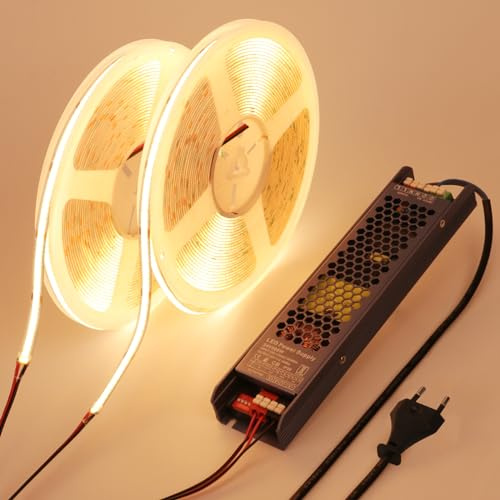 BENLUN COB LED Streifen 20M (10M X 2), 24V LED Strip 3000K Warmweiß Selbstklebend, LED Band 11W/M CRI 93 Schneidbar mit Netzteil für Schlafzimmer, Akustikpaneele, Zimmer Dekoration