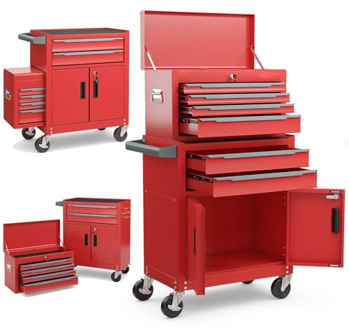 TANGZON Tool Cabinet, 2/3 in 1 Auto-Lockable Rolling Metal Tool Chest with 6 Drawers & Univeral Wheels, Heavy Duty Tool Box Organizer Cart Trolley (2 in 1, Red)
