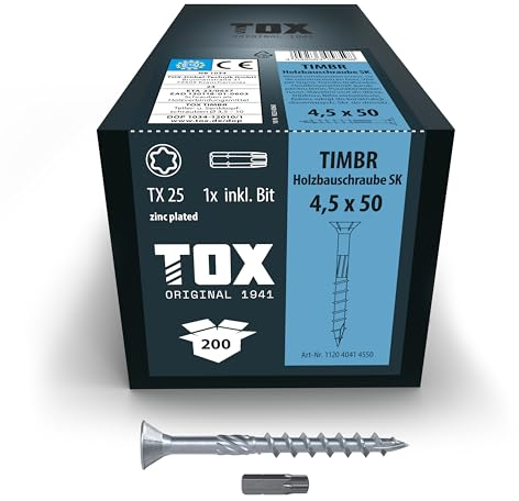 TOX Holzbauschrauben TIMBR SK 4,5 x 50 mm, blau verzinkt mit Senkkopf, TX25, Schrauben für leichtes Eindrehen und bündige Montagen im Holzbau, 200 Stück im Karton, inkl. 1x Bit, 112040414550