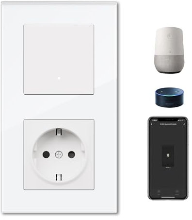 BSEED Normal Steckdose mit Smart Lichtschalter(Neutralleiter Erforderlich),Wlan Schalter Unterputz Kompatibel mit Alexa und Google Home,Alexa Taste Schalter 1 Fach 1 Weg,Smart Home Lichtschalter Weiß