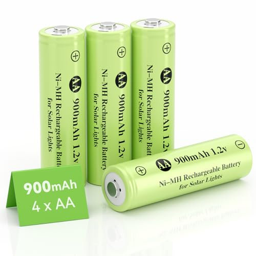JiajaX AA 1.2V Ni-MH Rechargeable Battery, Double A 900mAh 1.2V Solar Battery Pre-Charged, High Capacity for Solar Lights, String Lights, Solar Pathway Lights (AA-900mAh-4pack)