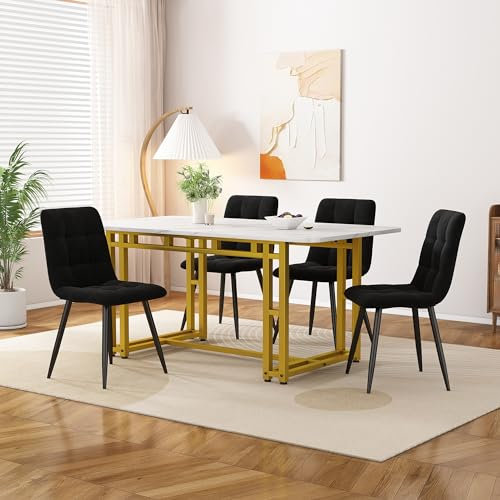 Gegtuon Esstisch mit 4 Stühlen für 4 Personen 120x70, 5 teilig Rechteckig Tisch, Modern Küchentisch mit Stühlen & Golden Tischbeine, Essgruppe für Küche Esszimmer Wohnzimmer, Samt, Schwarz