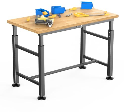 WALMANN Heavy Duty Adjustable Height Workbench 47.75 x 23.25, Rubber Wood Top Work Table for Garage, Workshop, 2000 lbs Load Capacity