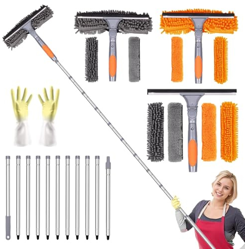 4.5M Extendable Window Cleaning Pole Set, Telescopic 2in1 Long Reach Window Cleaning Equipment with Silicon Squeegee and 5 Microfiber Pad(2Orange 3Gray), Telescopic Long Handle Squeegee with Gloves