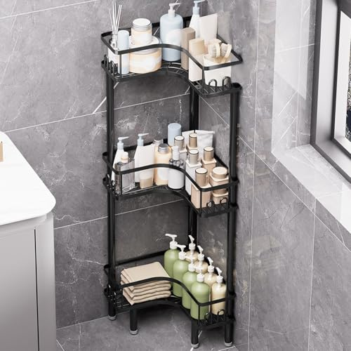 Biutimarden 3 Niveles Organizador de Esquina de Piso con 4 Ganchos en Cada Estante de Ducha Estante de Ducha de Esquina Independiente Cesta Ducha para Baño Cocina (Negro)