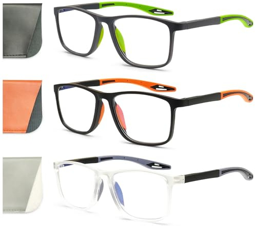 Kerecsen 3 Pack Reading Glasses for Men – Sporty Style Blue Light Blocking Square Frames Lightweight Comfortable Readers (Black Grey Clear, 1.75, Dioptres)