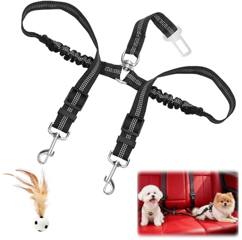 Cintura sicurezza cani auto 2-in-1,Cintura regolabile ed elastica per due cani con moschettone girevole a 360° e design ammortizzante, universale per sedile posteriore e bagagliaio