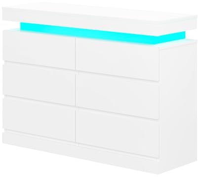 6/9 Drawers Wooden Chest of Drawers with LED Lights, Wide Lateral Dresser Cabinet No Handle Sleek Design Clothes Storage Organiser Unit Bedroom Furniture (White, 6 Drawers)