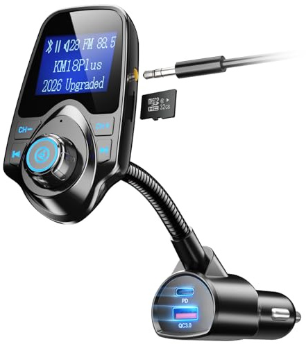 Nulaxy [2026 KM18 Upgraded Version] 48W Bluetooth 5.4 Car Adapter with Fasting Charging Ports [PD 30W & QC3.0 18W], Supports Hands-Free Call, 1.44 Screen Wireless Radio FM Transmitter, Black
