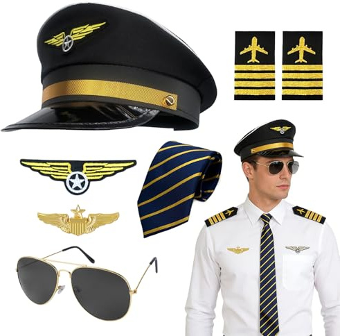 GYIOFAI Set di 7 accessori per costume da capitano pilota, kit costume da capitano militare di aereo per Halloween, cappello da aviatore, distintivo da bracciale, cravatta, occhiali, per feste in masc