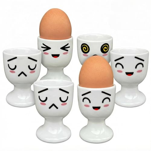 MIJOMA Set 6 äggkoppar i porslin Funny Faces kollektion 2 – ca 7 x 5 cm – dubbelsidiga ansikten, diskmaskinssäker, för frukost och brunch