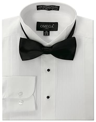 OmegaTux Mens Wing Collar Tuxedo Shirt with Bowtie, 1/8 Pleat & Convertible Cuffs White