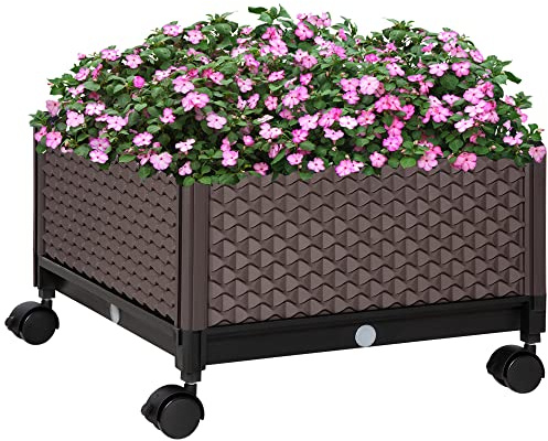 Outsunny Hochbeet 1-teilig mit Rollen Pflanzkasten mit Abflusslöchern Blumenkasten Blumenkübel Kunststoff Braun 50 x 50 x 33 cm
