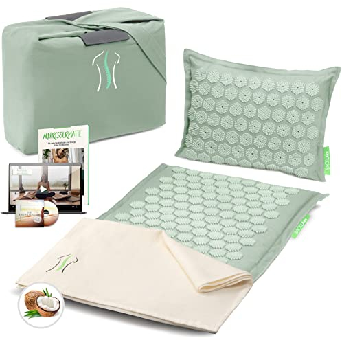 BACKLAXX ® Akupressurmatte mit Kissen, Tuch und Tasche, Akupunktur Matte mit Stacheln zur Massage und Entspannung von Nacken und Schulter, Massagematte Rücken (gletschermint) zur Akupressur