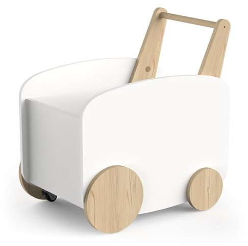 habeig Spieltruhe, Spielzeugbox, Spielzeugtruhe, Spielwagen, Spielauto, MDF Holz, 55x53x35 cm, 7kg, Kinderzimmer (weiß/natur)