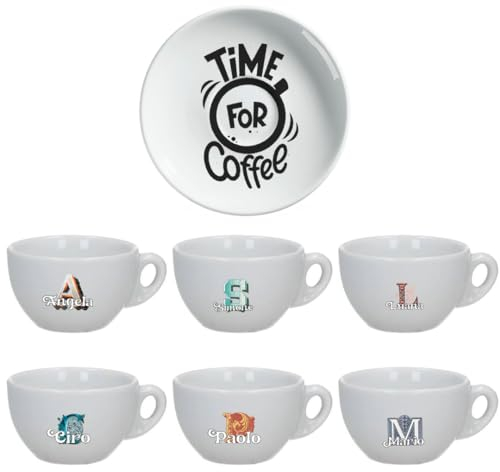 Time for Coffee Set 6 Tazzine da Caffè + Piattini in Ceramica Personalizzati con Nomi e Scatola Rossa Idea Regalo Originale Compleanno Natale Feste Cucina Prima Colazione Mattina Arredo Casa Tavola