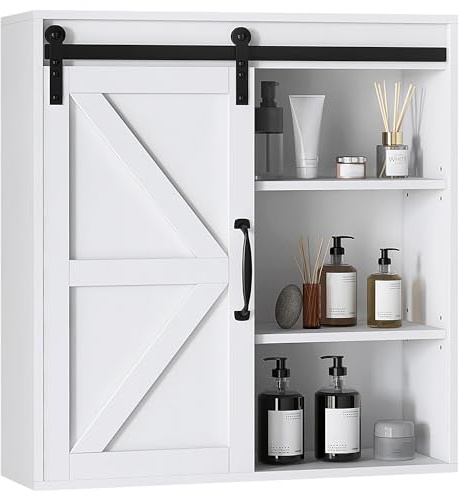 kleankin Medicine Cabinet, Farmhouse Bathroom Wall Cabinet with Sliding Barn Door and Adjustable Shelf, Over The Toilet Cabinet, White