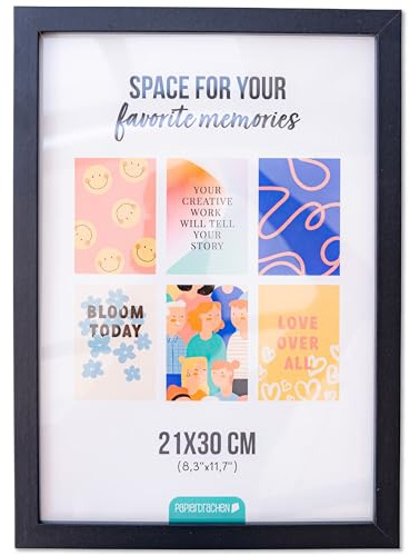 Papierdrachen Marco de fotos A4 – 21 x 30 cm – Negro – Marco de madera con cristal de plástico – Formato vertical y horizontal – Soporte – Colgador de pared – Pósteres & Fotos
