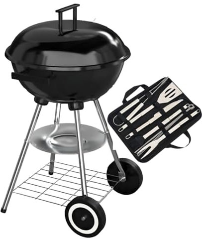 Barbecue Livona + Set de 9 Ustensiles de Barbecue Inox - Mallette souple, Élégante et Facile à Transporter