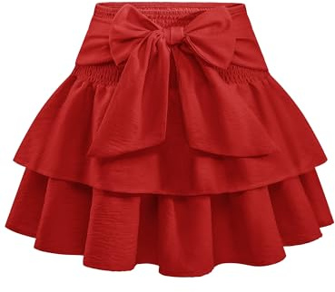 Timormode Women's Bow Mini Skirt High Waisted Ruffle Hem Short Skirts Cute A-Line Layered Skater Skirt TMS8005 Red S