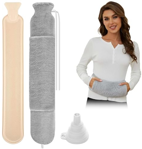 GOMETY Bolsa de agua caliente extra larga de 2 L con funda mullida, tamaño XXL, de goma, para atar el cuello, para hombros, espalda, vientre, gran regalo para mujeres, hombres y niños (gris)