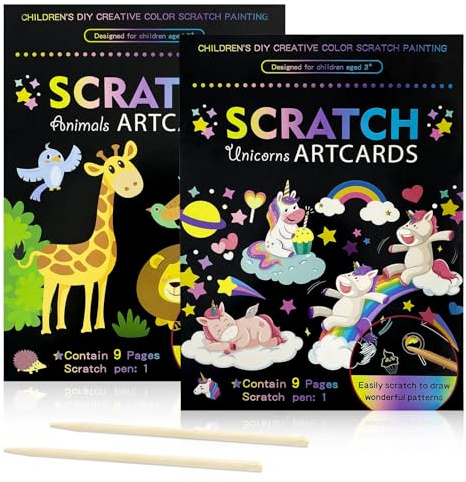 Yeefunjoy 18 Blätter Kratzbilder Kinder Kratzbilder Set DIY Bastelsets für Kinder Erwachsene Einhorn Magic Rainbow Kratzpapier Magic Scratch Book für Weihnachten Geburtstagsgeschenk mit 2 Holzstifte