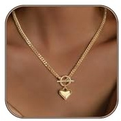 WATEFOER Collier Coeur en Or pour Femme Collier Ras du Cou Plaqué Or 14K Chaîne Maillons Cubains avec Pendentif Coeur Bijoux Cadeaux pour la Fête des Mères Noël