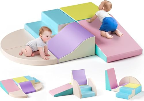 Kids Soft Play Set, Foam Climbing Blocks for Toddlers, Foam Play Gym with Non-Slip Base, Indoor Activity Toys for Sensory Motor Skills, Washable & Modular Design (Six-piece macaron color set)