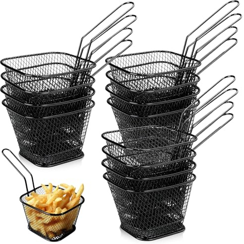 12 stycken pommes frites-korgar, rostfritt stål friteringskorgar serveringskorgar med handtag