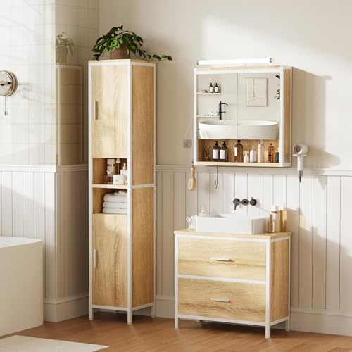 ELUCHANG Set di Mobili per il Bagno,Mobile Sottolavabo per Bagno con 2 Cassetti,Mobiletto a specchios con illuminazione a LED,Mobile Bagno Alto e Stretto, Mobiletto da Bagno con Piedini,Vintage+Nero