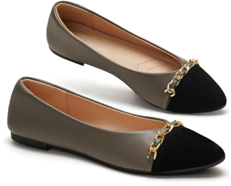 GLAMORA Ballerines Femme Pointues avec Chaîne Dorée, Chaussures Plates à Enfiler, Dessus Synthétique Bicolore, Bout Contrasté Effet Suédé, Semelle Plate Légère